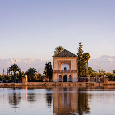 Menara Gardens and Atlas Mountains in Marrakech,Morocco.